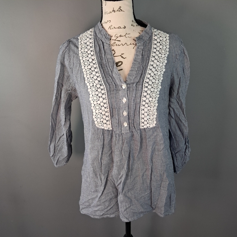 St John Bay Black White Plaid Basic Tunic Blouse Women Size Medium 3/4 Sleeve